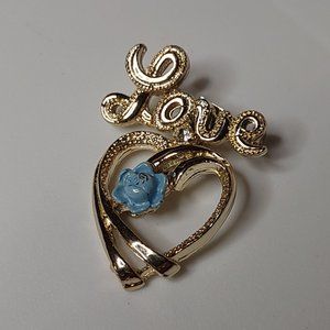 Vintage Gerry's Gold Tone Love Brooch With Blue Flower